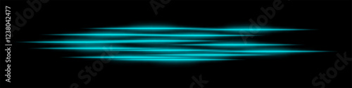 Abstract blue light streaks background. Glowing horizontal lines with motion blur effect on a dark backdrop. Futuristic speed, energy flow, laser beams, and technology concept.