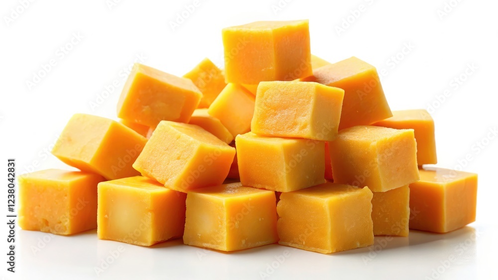 Sharp cheddar cheese cubes, brightly lit against a pure white background. Sharp cheddar cheese cubes, brightly lit against a pure white background.