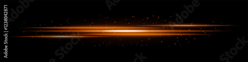 Glowing orange light streaks with scattered particles on a dark background. Futuristic energy flow, laser effect, neon illumination, and digital speed motion concept.