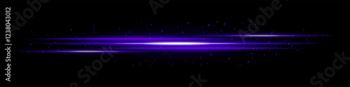 Glowing purple light streaks with scattered particles on a dark background. Futuristic energy flow, laser effect, neon illumination, and digital speed motion concept.