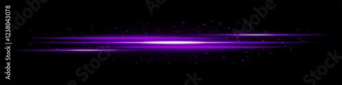 Glowing purple light streaks with scattered particles on a dark background. Futuristic energy flow, laser effect, neon illumination, and digital speed motion concept.