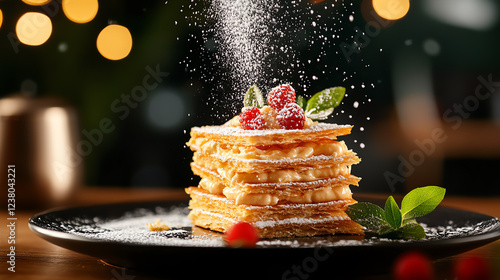 French Mille-Feuille flaky layered pastry, filled with custard and dusted with powdered sugar, served in an elegant patisserie, European desserts, luxurious charm photo