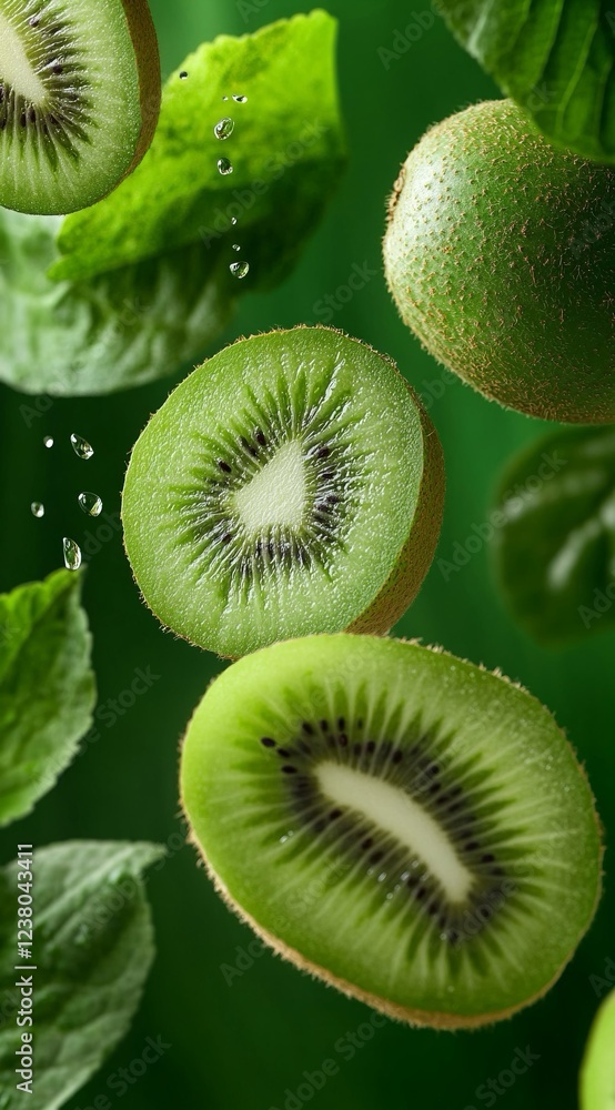 Fototapeta premium Kiwi tagliato a fette, su sfondo verde brillante. Ripreso in primo piano per un' idea di freschezza, salute e natura.