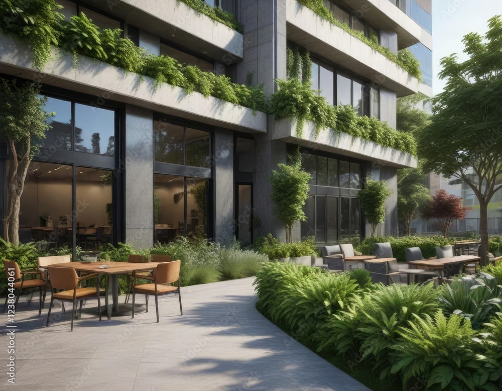 Fototapeta premium Office building with greenery and outdoor seating area, landscaping, city life, green space