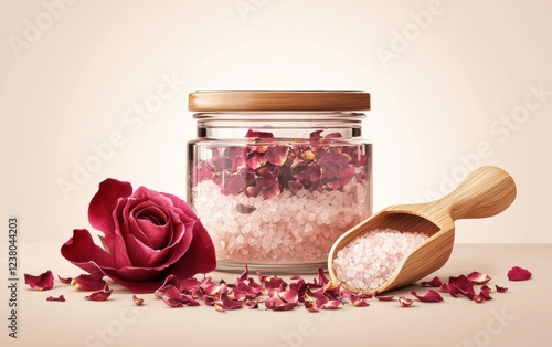 glass jar filled with bath salts, accompanied by a wooden scoop and dried rose petals, placed on a soft beige gradient background. Valentines Day and 8 March theme photo