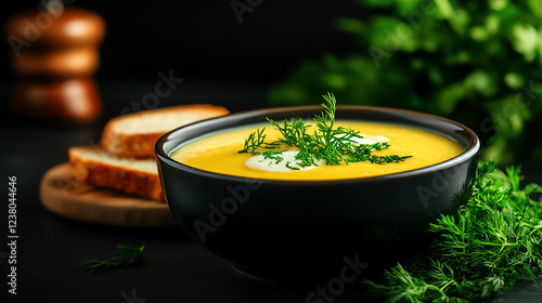 Greek Avgolemono chicken soup with lemon and egg, garnished with fresh dill, served with crusty bread in a cozy family kitchen, Mediterranean comfort food, soothing flavors photo