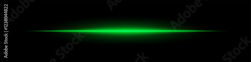 Glowing green horizontal light beam on a dark background. Futuristic laser effect, energy burst, neon illumination, and sci-fi digital glow concept.