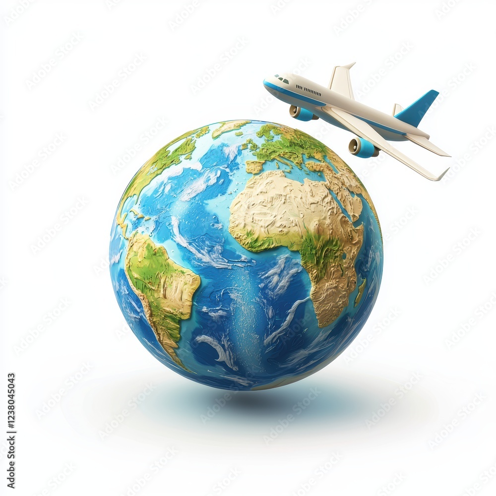 Fototapeta premium globe with an airplane flying around it, placed on a bright white background