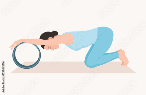 Vector illustration of young woman in blue sportswear practicing Balasana with yoga wheel. Young female doing child’s pose. Woman workout, fitness. Exercise for relaxation and stretching the low back