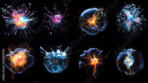 Soap bubble burst effect, animated sprite transparent bubble explosion, vector sequence. Cartoon game splash of soap or water bubble explode animation, ball or balloon burst effect frame sheet photo