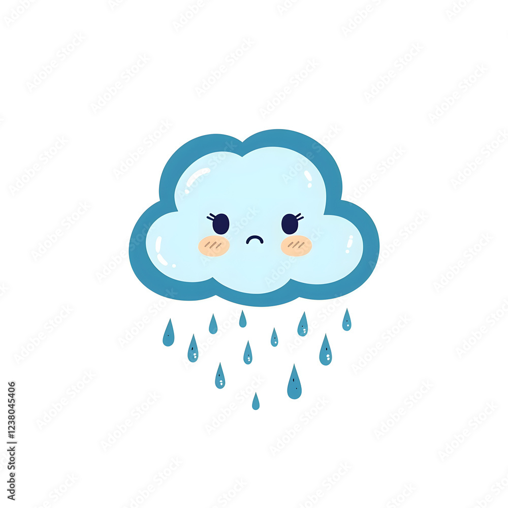 minimal flat style illustration of sad cloud with raindrops, expressing emotions of sadness and gloom. cloud features cute face with downturned eyes and frown minimal flat style illustration of sad cloud with raindrops, expressing emotions of sadness and gloom. cloud features cute face with downturned eyes and frown