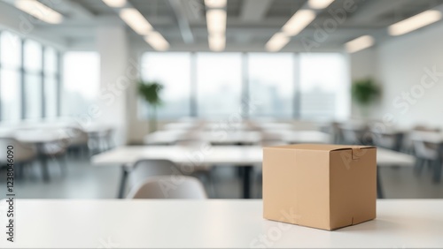 Wallpaper Mural Closed Box Mockup, Open-office sleek desks closed brown cardboard box prominent. Torontodigital.ca