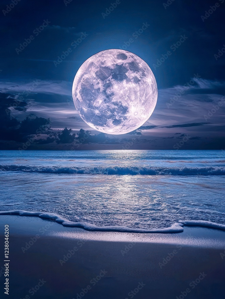 Photograph of a full moon over the ocean at night, with a dark blue sky and soft waves on the shore, in a minimalist style. Photograph of a full moon over the ocean at night, with a dark blue sky and soft waves on the shore, in a minimalist style.