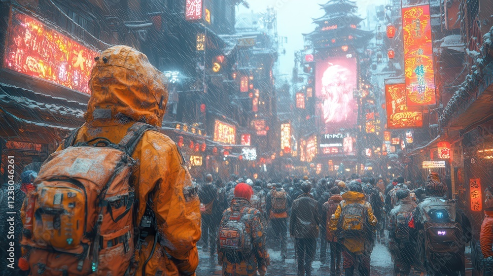 Crowded Cyberpunk Street with Neon Lights and Travelers
Crowded Cyberpunk Street with Neon Lights and Travelers