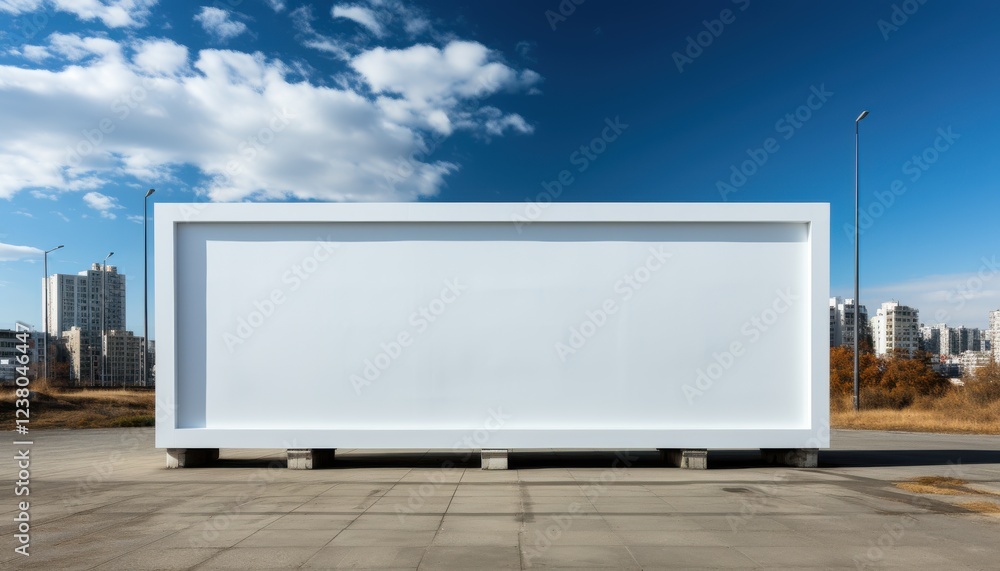 A large white billboard sits in front of a city skyline A large white billboard sits in front of a city skyline