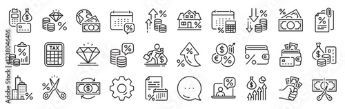 Tax line icons. Settings gear, Message, Inflation icons. Mortgage rate, Money credit and finance payroll set. Increase percent rate, return overpayment money, tax amount line icons. Vector