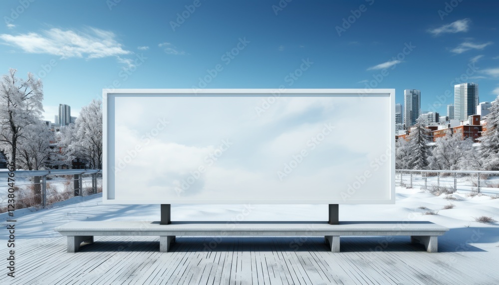 A large white billboard sits on a bench in a snowy park A large white billboard sits on a bench in a snowy park