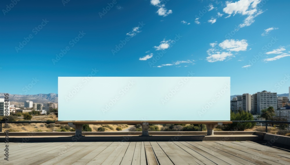 A large billboard sits on a wooden platform overlooking a city A large billboard sits on a wooden platform overlooking a city