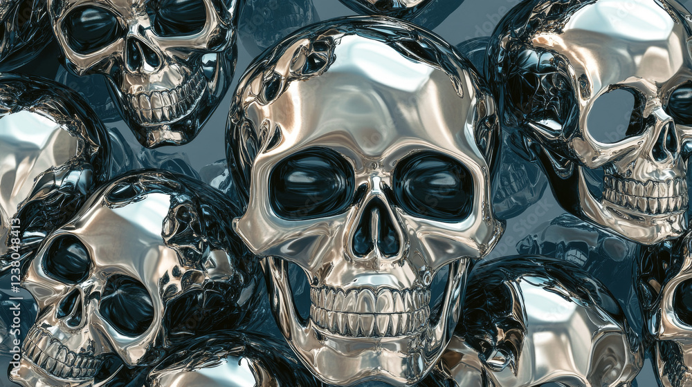 Seamless pattern of angry metallic stylized skulls with huge teeth and no lower jaw in a fantasy or Halloween themed background Seamless pattern of angry metallic stylized skulls with huge teeth and no lower jaw in a fantasy or Halloween themed background