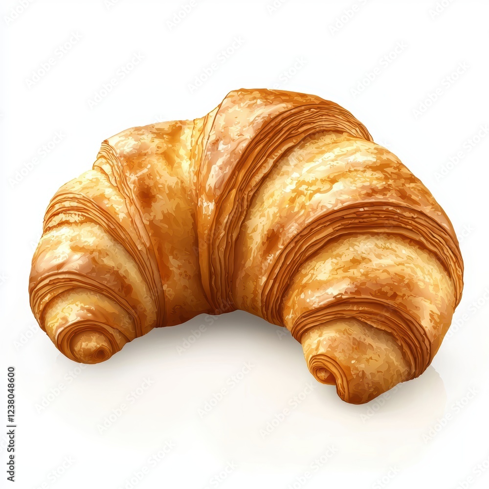 Golden croissant with a crispy outer layer and soft inside, centered on a clean white background Golden croissant with a crispy outer layer and soft inside, centered on a clean white background