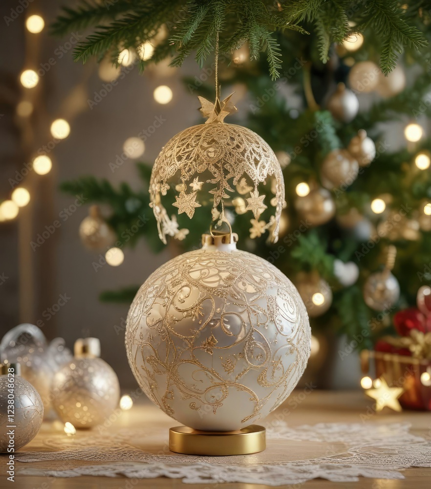 Ornaments shaped like hearts and stars add a touch of whimsy to a beautiful bauble Christmas tree with delicate lace details , details, christmas tree, lace Ornaments shaped like hearts and stars add a touch of whimsy to a beautiful bauble Christmas tree with delicate lace details , details, christmas tree, lace