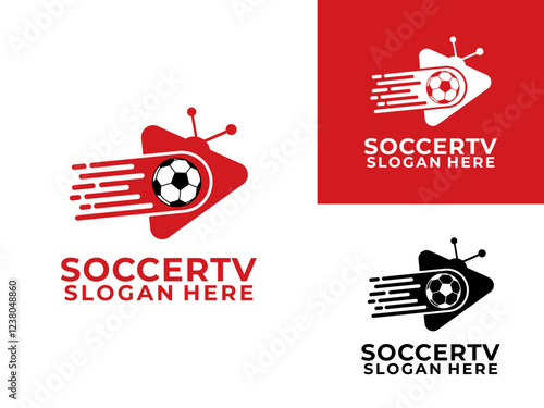 Sports TV logo design vector. Fast Ball and Media TV vector icon. Soccer or Football sports channel logo design template