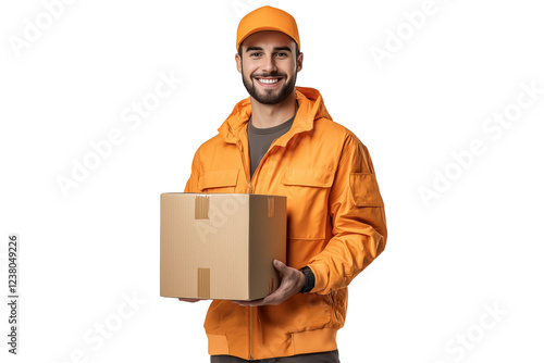 A Happy Deliveryman holding a cardboard box isolated on a transparent background, a happy express delivery professional person working courier package delivery shipping service worker  