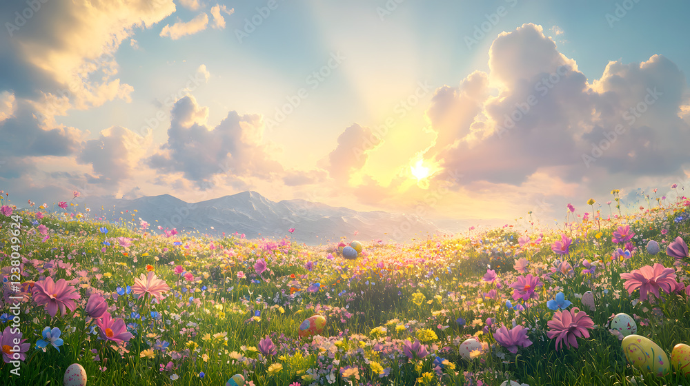 custom made wallpaper toronto digitalA vibrant meadow alive with an array of spring wildflowers and sunbeams filtering through soft clouds, highlighting hidden Easter eggs scattered across the inviting landscape