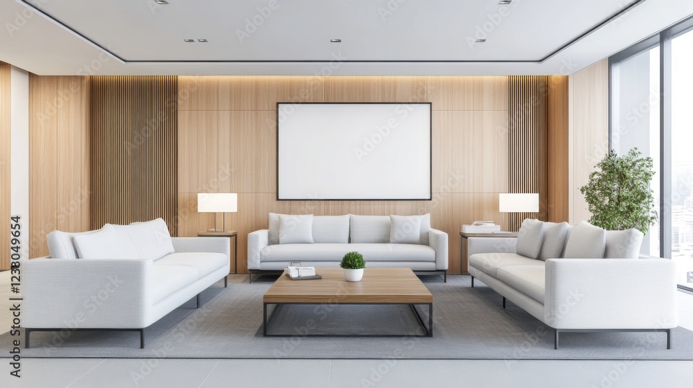 Modern minimalist living room interior with white sofas and wooden accents in bright, spacious environment Modern minimalist living room interior with white sofas and wooden accents in bright, spacious environment