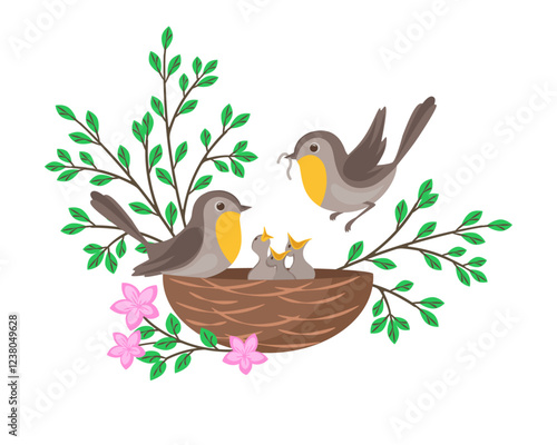 Bird nest with screaming chicks and caring parents. Flat vector illustration of spring birds family.