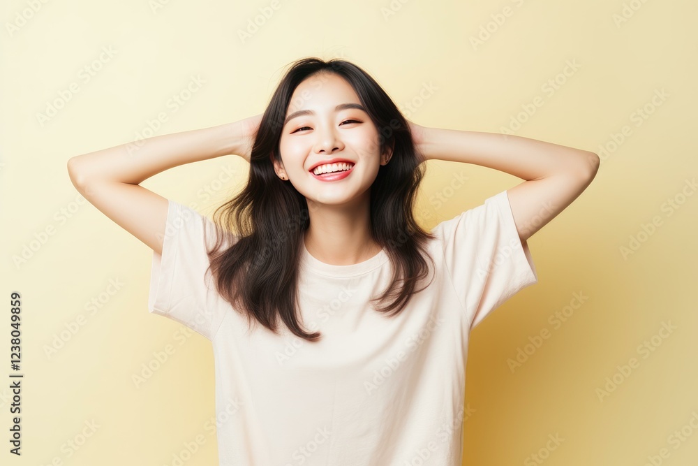 Studio shot of a cheerful young woman holding her hair and smiling on a yellow background Studio shot of a cheerful young woman holding her hair and smiling on a yellow background