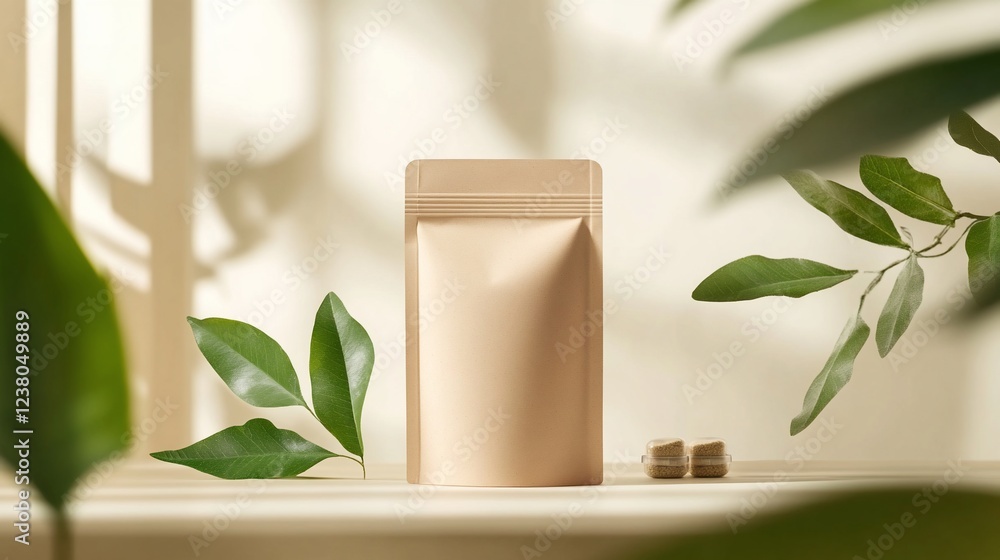 Elegant minimalist product packaging design with natural leaf shadows and serene ambiance Elegant minimalist product packaging design with natural leaf shadows and serene ambiance