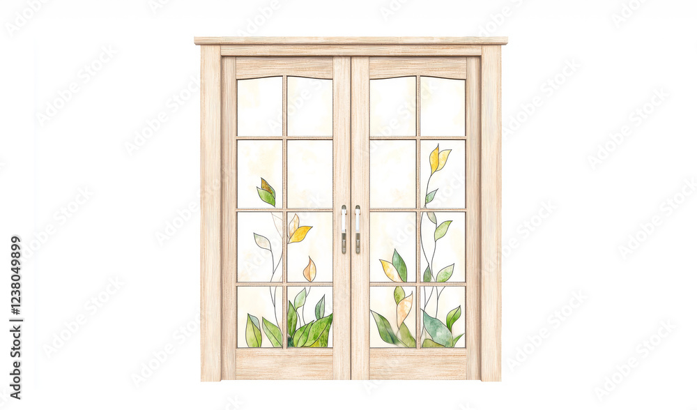 Fototapeta premium Elegant Decorative Wooden Door with Glass Inset Featuring Floral Designs
