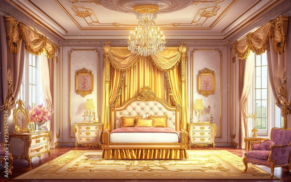 Naklejka premium Golden Royal Bedroom with high-end furniture, grand chandeliers, and a regal, elegant touch