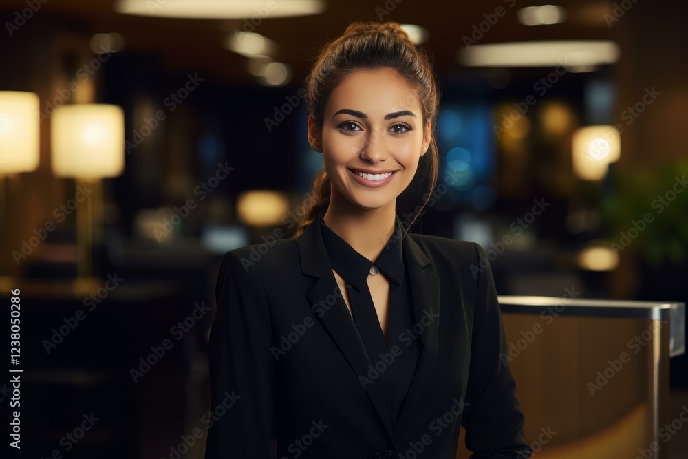 Hotel receptionist smiling while working at reception desk in lobby Hotel receptionist smiling while working at reception desk in lobby