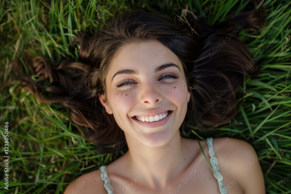 Happy young woman with freckles is lying on green grass smiling and enjoying nature Happy young woman with freckles is lying on green grass smiling and enjoying nature