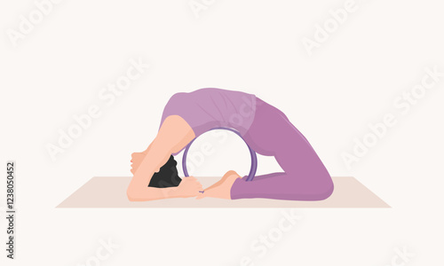 Vector illustration of young woman in purple sportswear practicing Kapotasana with yoga wheel. Young female doing pigeon pose wheel. Exercise for good posture, body strength, flexibility and balance.