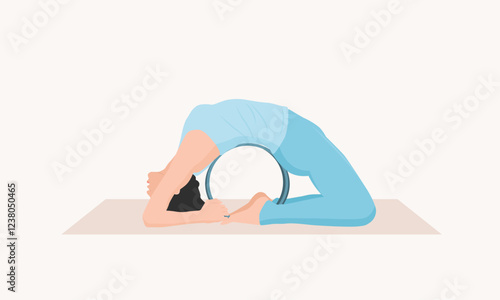 Vector illustration of young woman in blue sportswear practicing Kapotasana with yoga wheel. Young female doing pigeon pose wheel. Exercise for good posture, body strength, flexibility and balance.