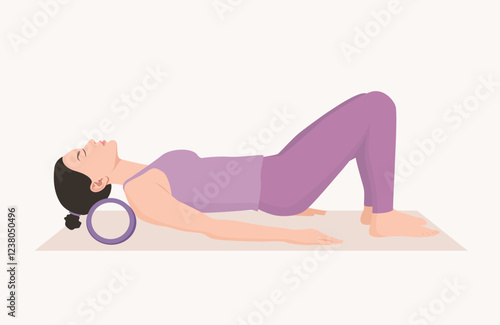 Vector illustration of young woman in purple outfit practicing yoga with yoga roll. Exercise to relieve neck pain and stretch neck muscles.