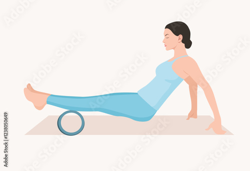 Vector illustration of young woman in blue sportswear doing self-massage with foam roll. Exercise for reducing muscle soreness.