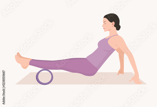 Vector illustration of young woman in purple sportswear doing self-massage with foam roll. Exercise for reducing muscle soreness.