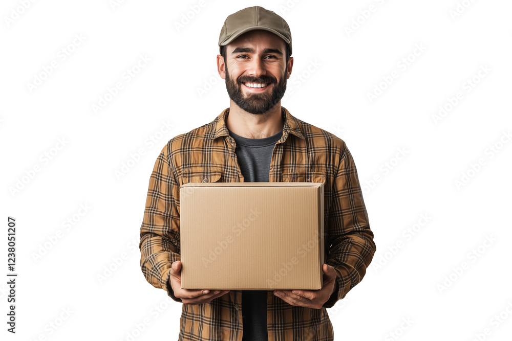 A Happy Deliveryman holding a cardboard box isolated on a transparent background, a happy express delivery professional person working courier package delivery shipping service worker A Happy Deliveryman holding a cardboard box isolated on a transparent background, a happy express delivery professional person working courier package delivery shipping service worker