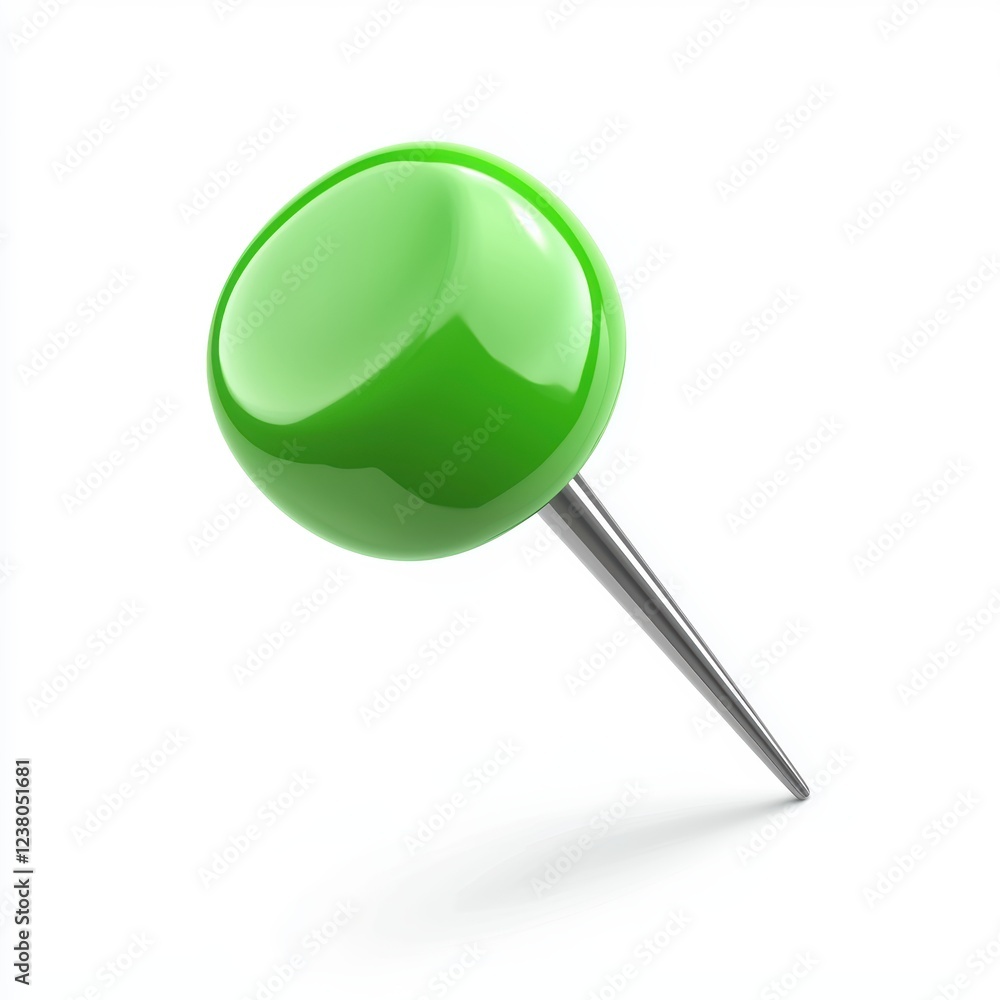 Green push pin with a slightly tilted angle, casting a small shadow, placed on a bright white background Green push pin with a slightly tilted angle, casting a small shadow, placed on a bright white background