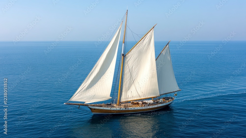 A classic sailboat sailing on the deep blue sea, seen from above. The boat is wooden with white sails and has an elegant form. A clear sky overhead adds to its timeless charm. A classic sailboat sailing on the deep blue sea, seen from above. The boat is wooden with white sails and has an elegant form. A clear sky overhead adds to its timeless charm.
