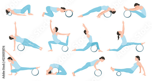 Set of vector illustrations demonstrating exercises with yoga wheel. Young woman workout fitness.