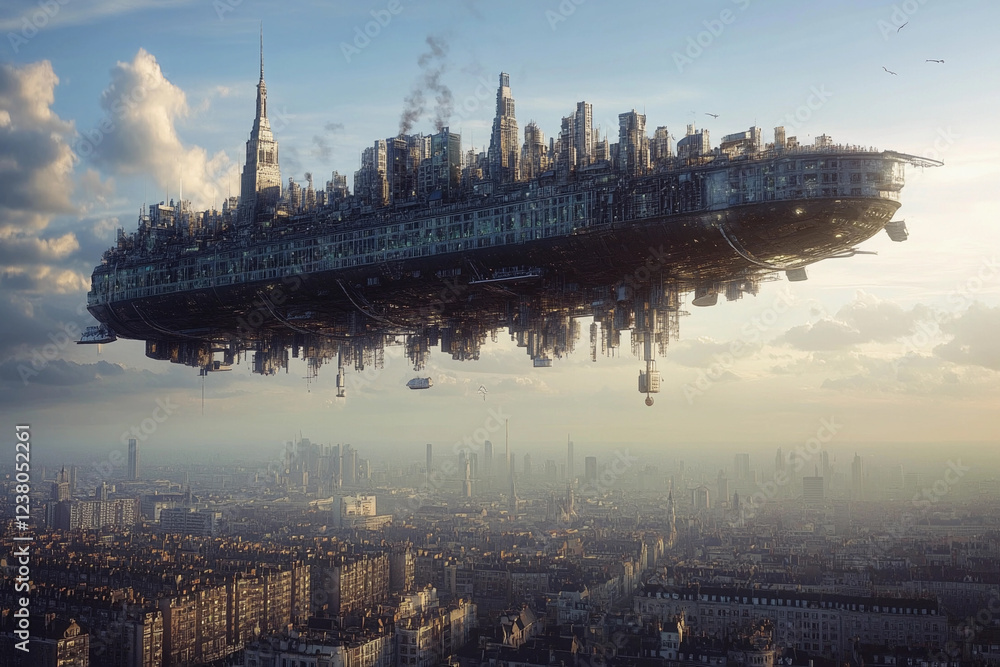 Obraz premium Floating industrial city above a modern skyline during golden hour