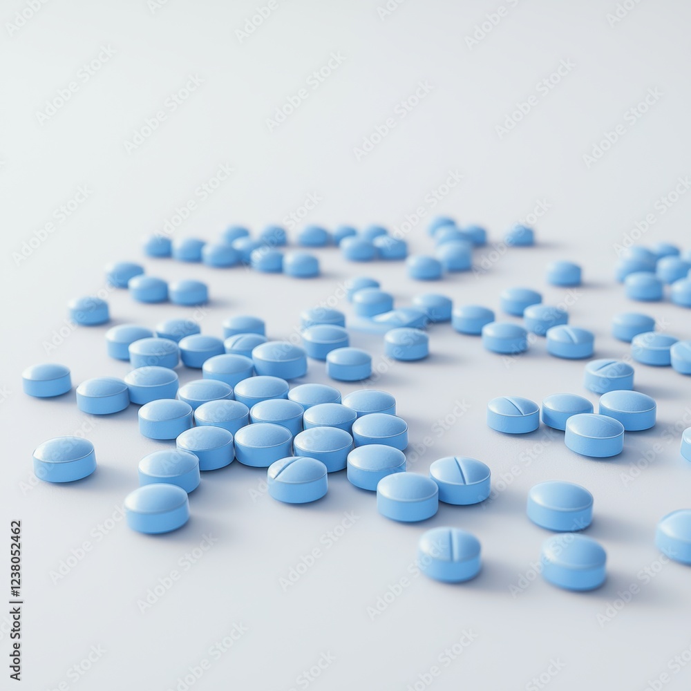 group of small blue tablets scattered on a clean white surface, isolated group of small blue tablets scattered on a clean white surface, isolated