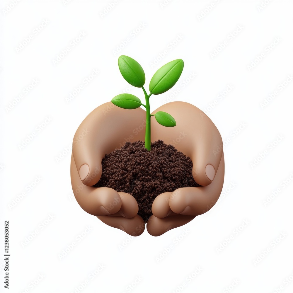 Hands holding a small tree sprout with soil, symbolizing reforestation, centered on a clean white background Hands holding a small tree sprout with soil, symbolizing reforestation, centered on a clean white background