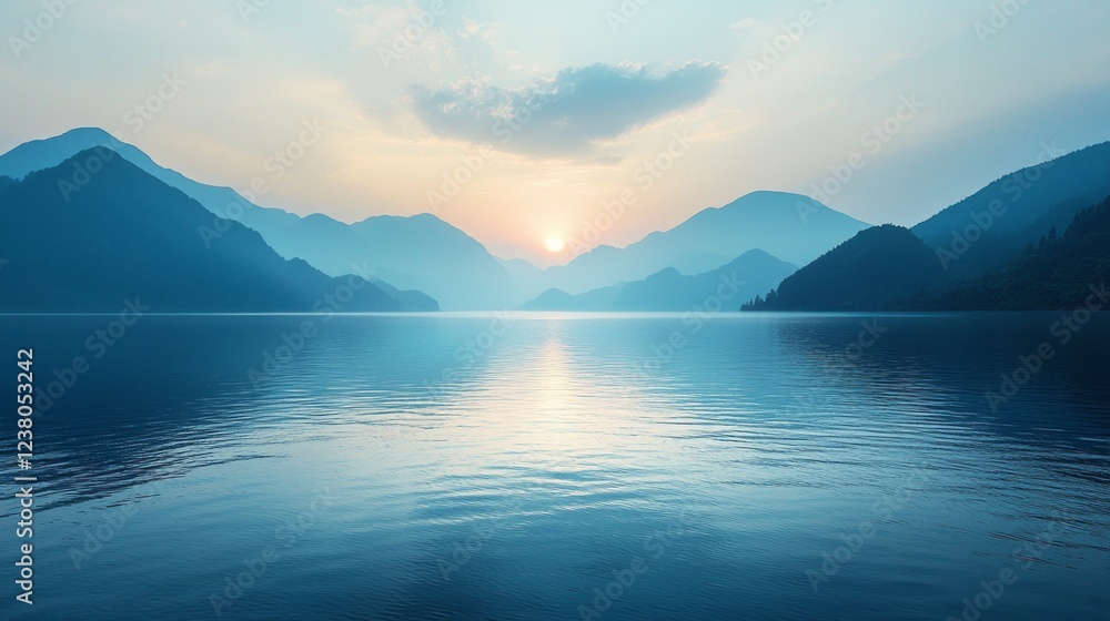 As the sun dips below the horizon, tranquil waters reflect soft hues of blue and gentle gradients. Mountains stand in silhouette, creating a peaceful atmosphere at dusk As the sun dips below the horizon, tranquil waters reflect soft hues of blue and gentle gradients. Mountains stand in silhouette, creating a peaceful atmosphere at dusk