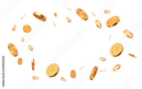 3d flying golden Saudi riyal coins with different angles. Stock vector illustration on isolated background.	